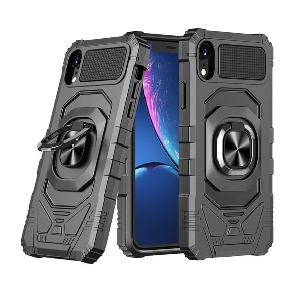 For iPhone XR Case Shockproof Cover Dual Layer with Ring Stand   Tempered Glass