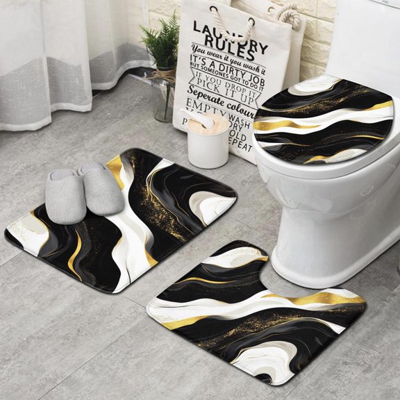 Black and Gold Marble Layered Waves Pattern Bathroom Rugs Sets 3 Piece,Toilet Cover Set,Absorbent Non Slip Bathroom Mats Sets with U-Shaped Contour Rug Toilet Rug Set