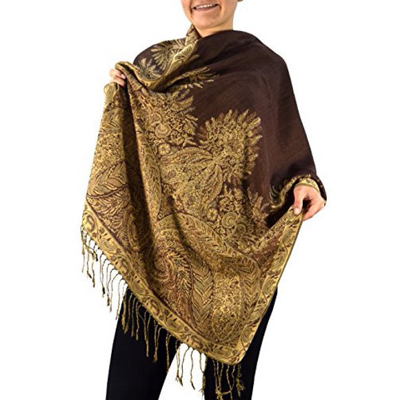 Peach Couture Soft Vintage Persian Paisley Printed Solid Pashmina Shawl Scarf (Chocolate Brown)