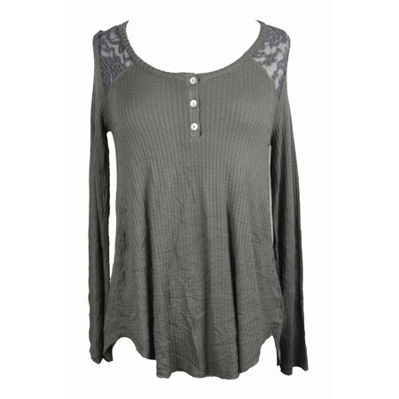 - American Rag Juniors Dusty Olive Lace Contrast Henley Top M
