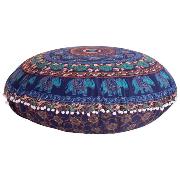 Stylo Culture Ethnic Yoga Pillows For Sitting On Floor Indian Mandala Floor Pillow Pouf Cover Dark Blue 32x32 Big Decorative Round Decor Seating Tuffet Seat Pouf Cover Footstool Cotton Elephant 1 Pc