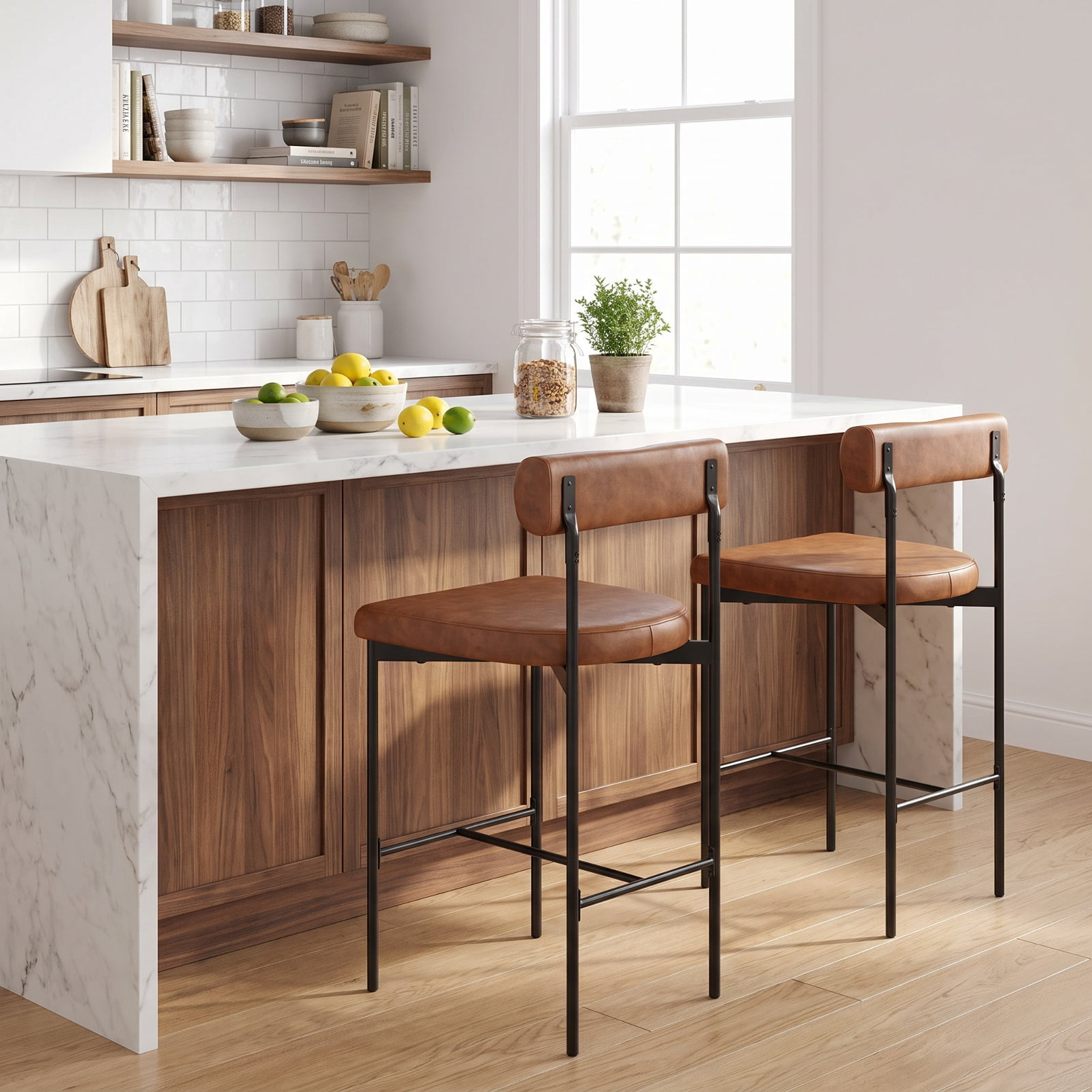 Furnibear 26 Inch Upholstered Bar Stools Set of 2 Counter Height Bar Chairs with Backrest for Kitchen Island Counter Bar Pub Dining Home, Brown