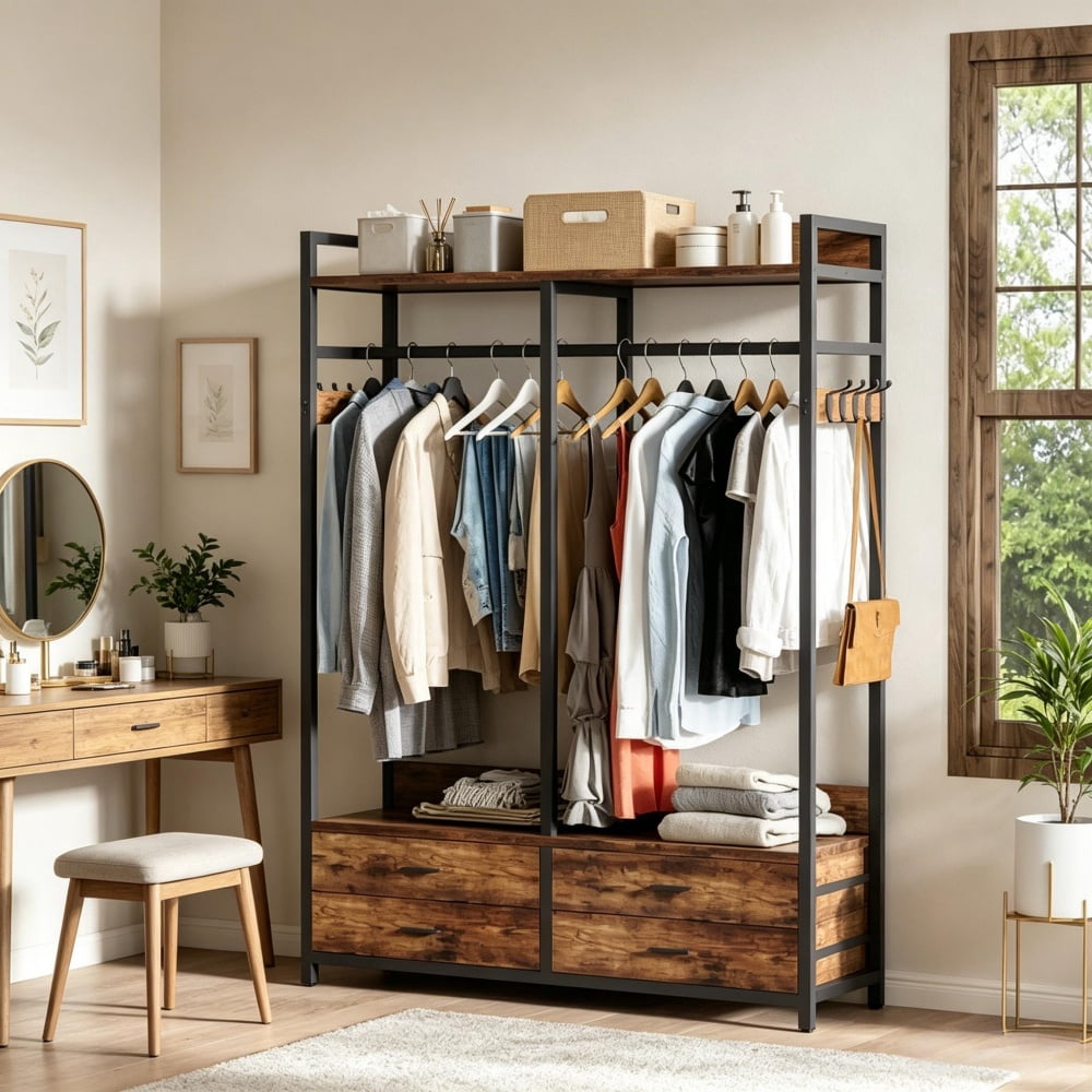 Freestanding Industrial Closet Organizer, 47" Clothing Rack with 4 Drawers, Shelves & 8 Hooks, Metal Frame Open Wardrobe with Anti-Tip Straps for Bedroom