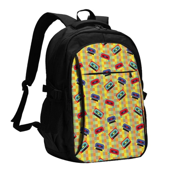 Fotbe 90s Audio Tape Mochila con Estampado y Puerto USB para Hombre y Mujer, Mochila Antirrobo, Mochila de Viaje, Mochila Escolar, Mochila Universitaria