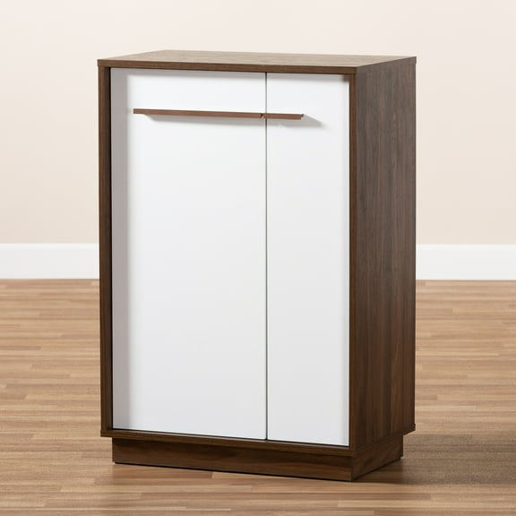 Mette Mid-Century Modern Two-Tone White and Walnut Finished 5-Shelf Wood Entryway Shoe Cabinet