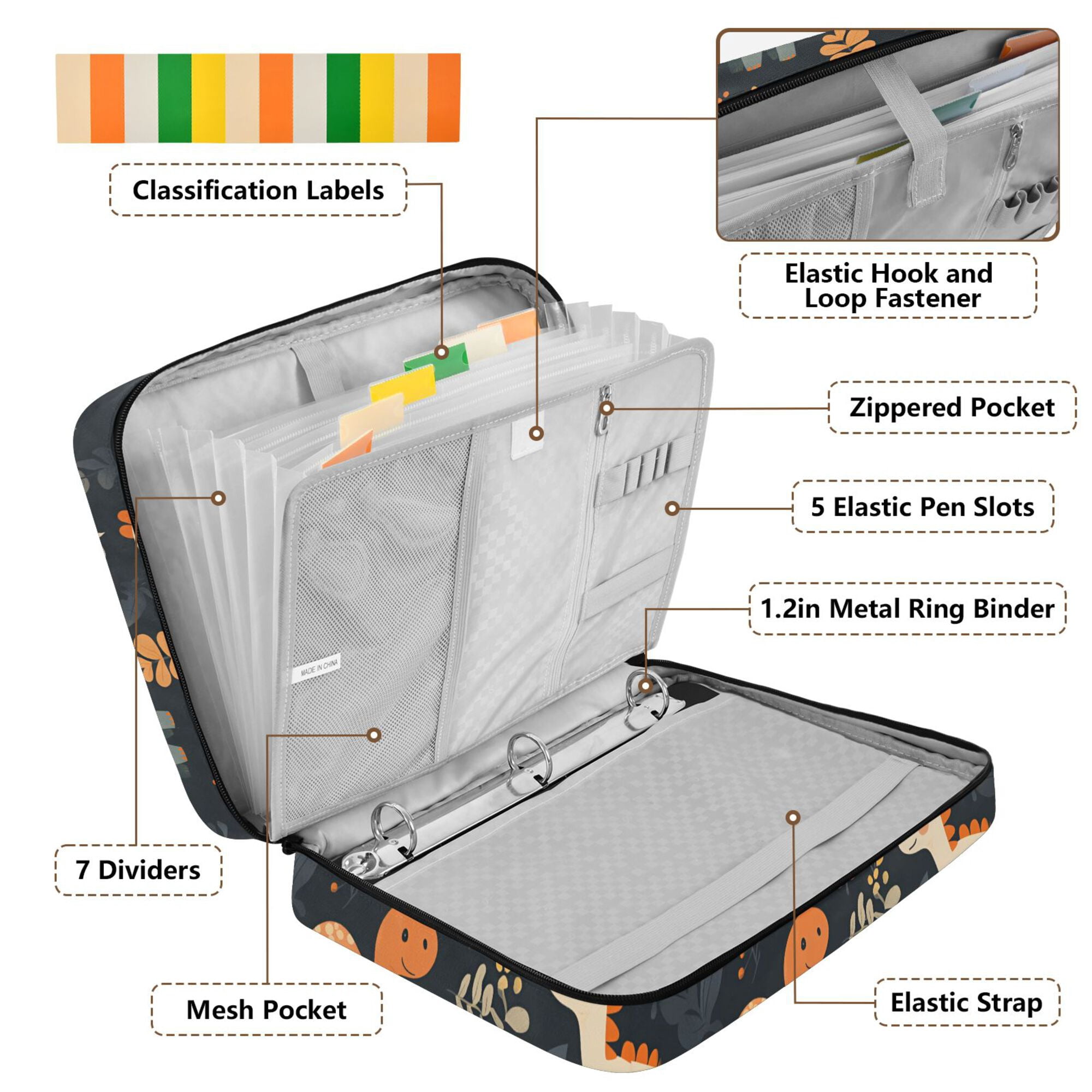 FORMRS Accordion File Folder A4 Size 7-Pocket Expanding Document Organizer Bag with 3 Ring Binder, Cartoon Dinosaur