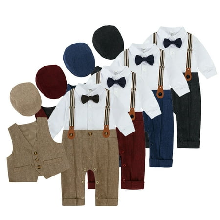 

Esaierr Infant Baby Boys Gentleman Outfits Set Spring Fall Jumpsuit Romper Clothes Set+ Beret Hat+ Vest + Shirts Suits for 0-3 Years