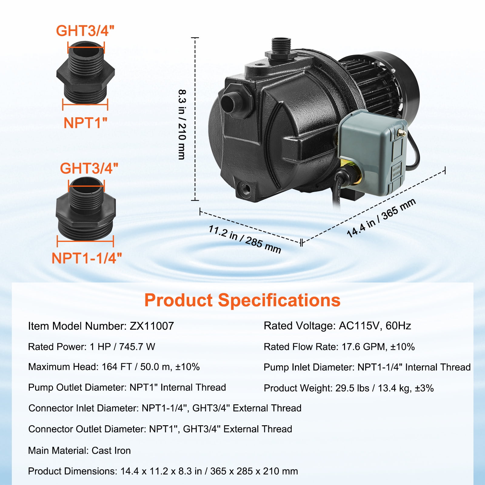 VEVOR 1HP Premium Cast Iron Shallow Well Jet Water Pump, 115 Volt, 17.6 GPM 164 FT Maximum Head Irrigation Water Pump, for Agricultural Garden Irrigation System