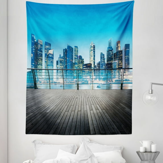 Scenery Tapestry, City Scenery with Skyscrapers Ocean Sea Image Blurry Details, Fabric Wall Hanging Decor for Bedroom Living Room Dorm, 5 Sizes, Pale Blue Dark Blue, by Ambesonne