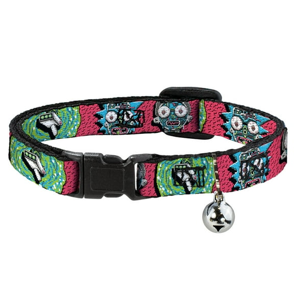 Rick and Morty Breakaway Cat Collar With Bell, Plastic Clip, Easy Adjustable, Rick and Morty Circuit Faces Portal Gun, 8.5 to 12 Inches 0.5 Inch Wide