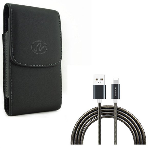 Metal USB Cable w Case Belt Clip for iPhone XS/X - 3ft Charger Cord Power Wire Sync, Leather Holster Cover Pouch Vertical for iPhone XS/X