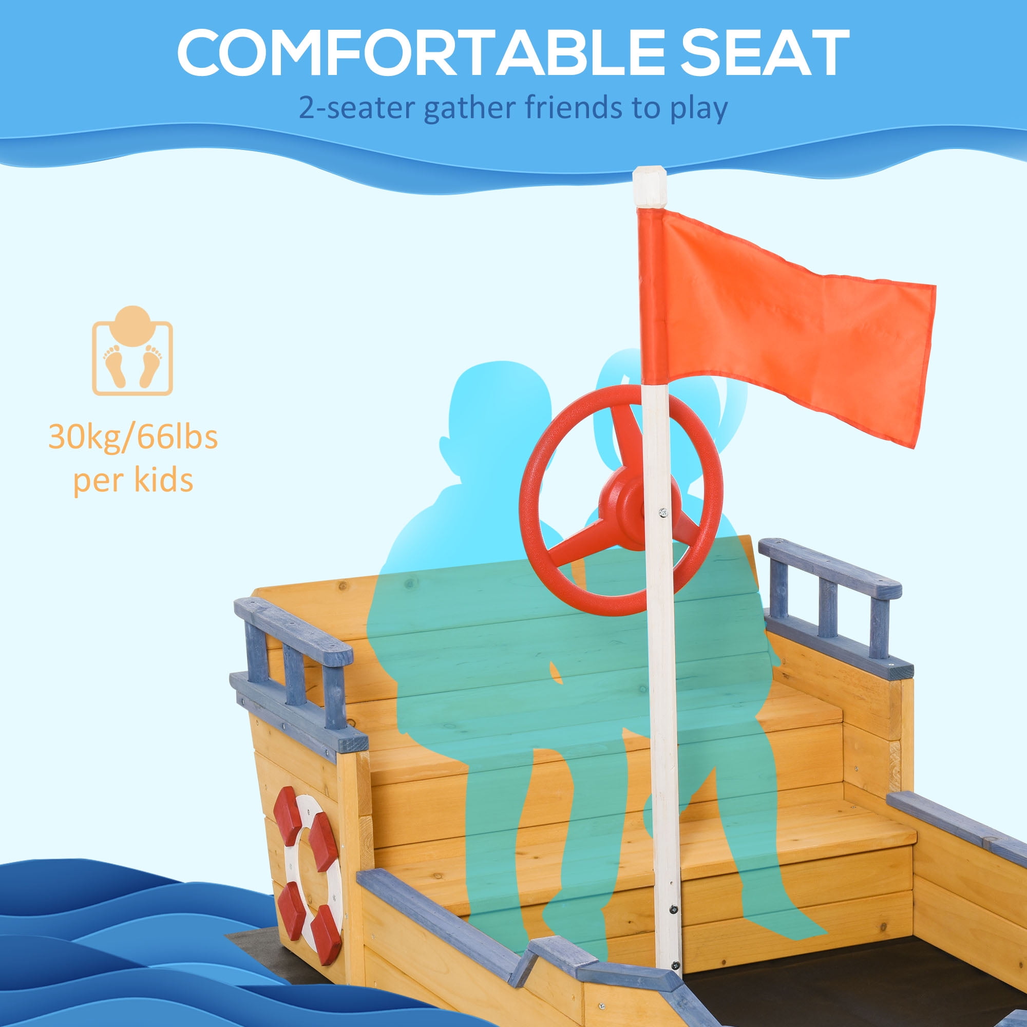 Wooden Kids Pirate Sandbox, Outdoor Sandboat with Bench Seats & Storage, Non-Woven Fabric Liner for Backyard & Lawn