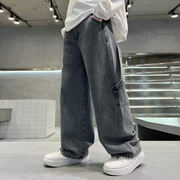 UACY Kids Baggy Jeans for Boys Girls Wide Leg Vintage Wash Denim Pants High Elastic Waist Y2K Loose Cargo Style (Grey, 11-12 Years)