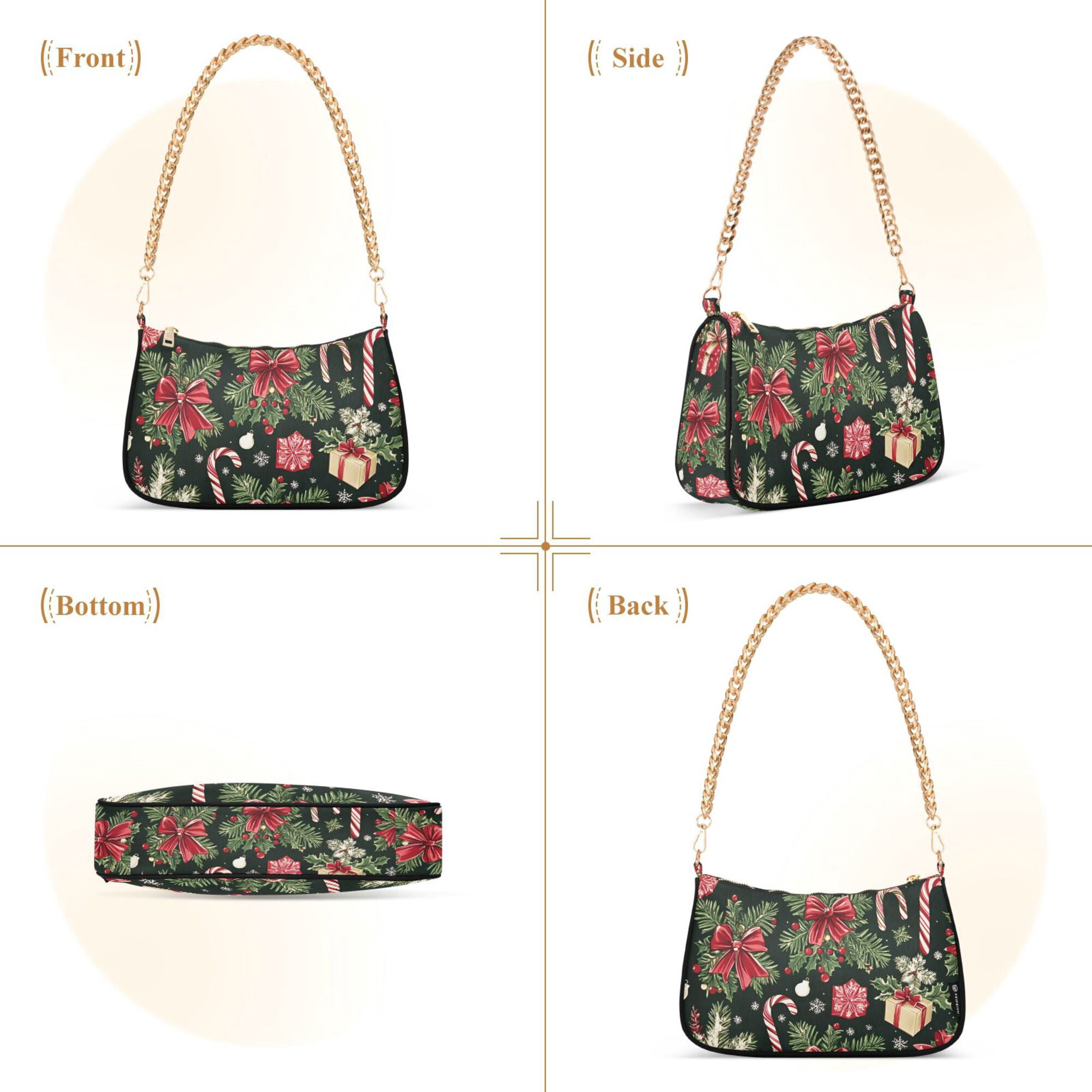 FORMRS Womens Shoulder Bag with Chain Strap Clutch Purse Cute Tote Handbag, Black Christmas Holly