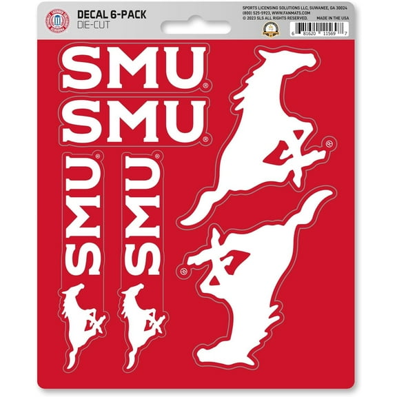 Southern Methodist University Mustangs 6-Piece Decal Sticker Set, 5x6 Inch Sheet, Gift for football fans for any hard surfaces around home, automotive, personal items