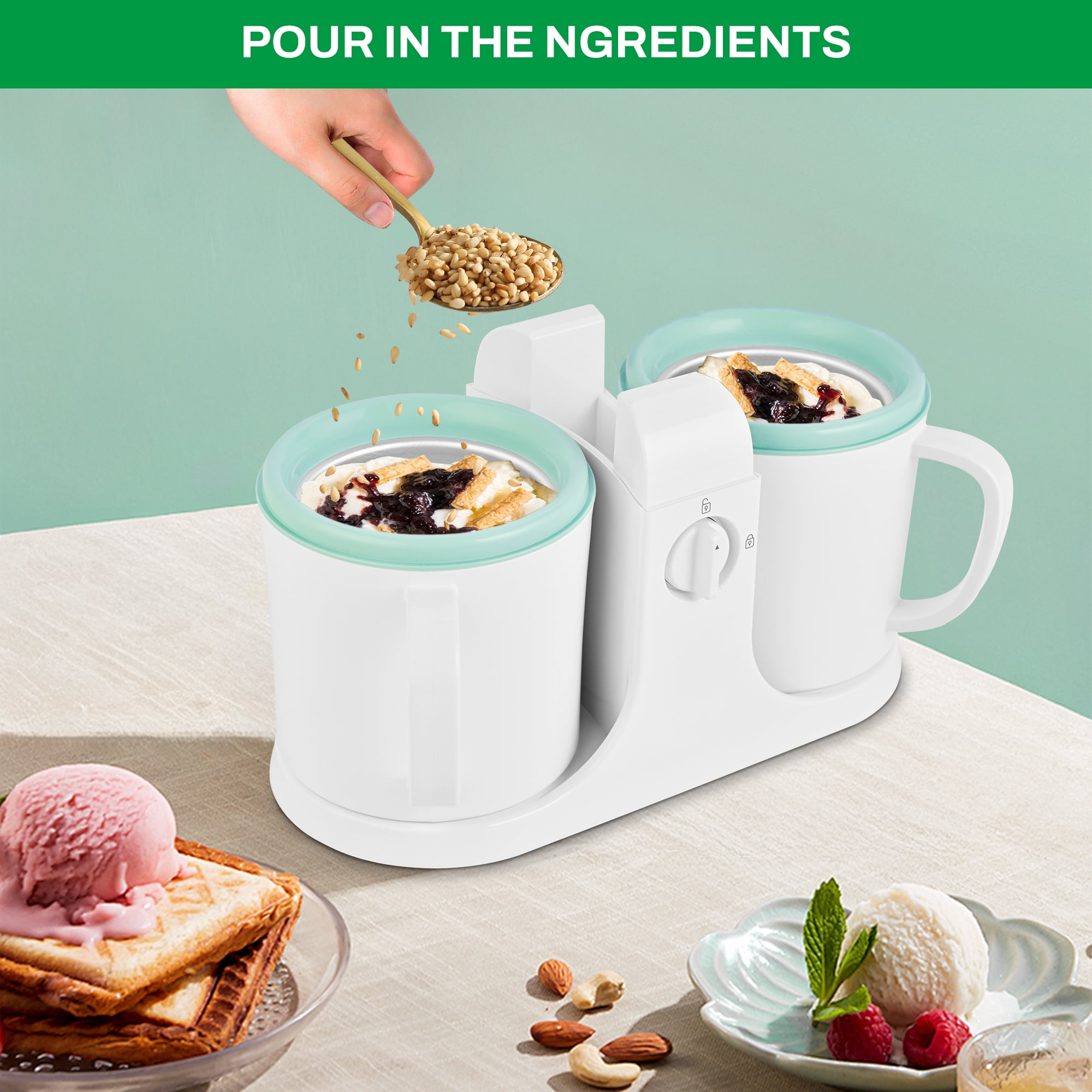 SUSTEAS Ice Cream Maker Machine for Home Use, with Two Ice Cream Bowls,Simple Operation and Easy to Clean,White Green