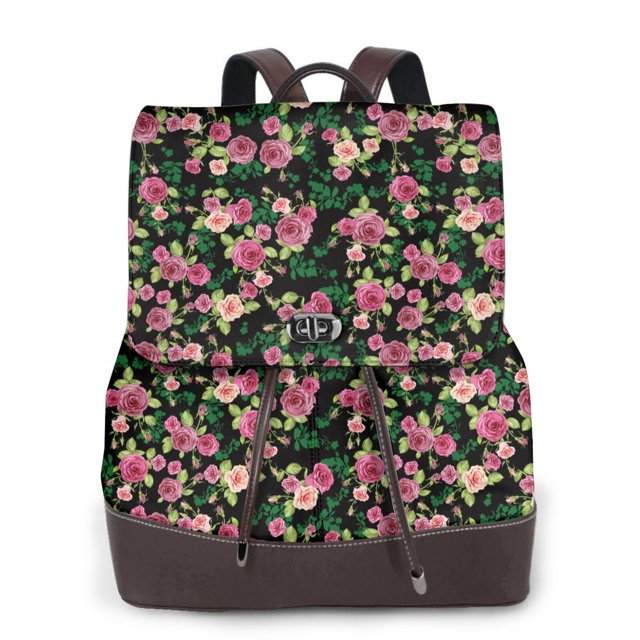 Vsdgher Rose Flowers Pattern PU Leather Backpack,Purse for Women Fashion Multipurpose Design Handbag Ladies Shoulder Bags Travel Backpack