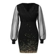 thumbnail image 5 of TMOYZQ Wedding Guest Dresses for Women Lace Mesh Long Sleeve V-Neck Bodycon Mini Dress Sequin Printed Slim Fit Evening Party Dress, 5 of 5