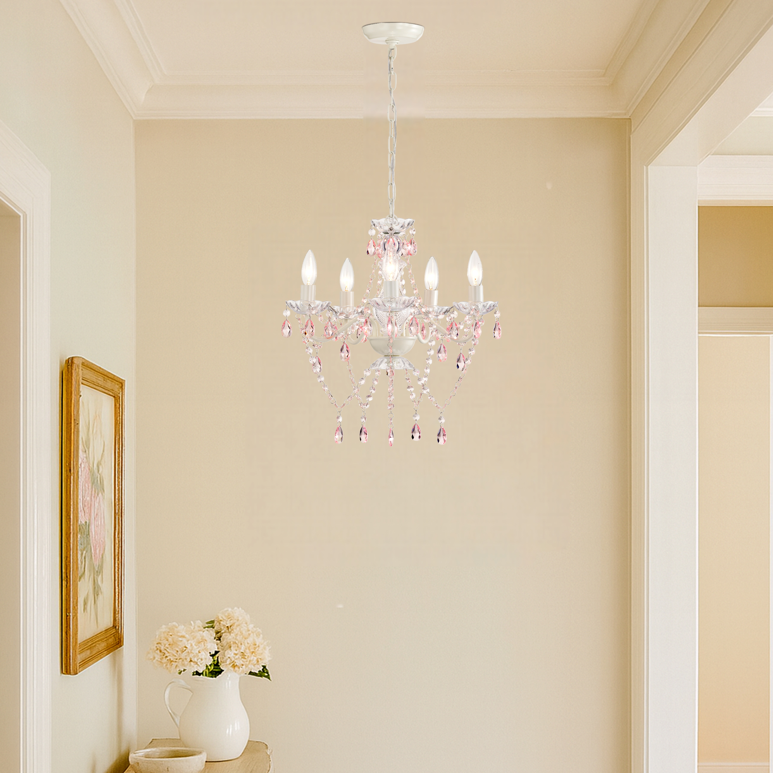 Small Crystal Chandelier 5-Light Pink and White Acrylic Chandelier Ceiling Light for Girls Bedroom Nursery Dining Room, E12 Base