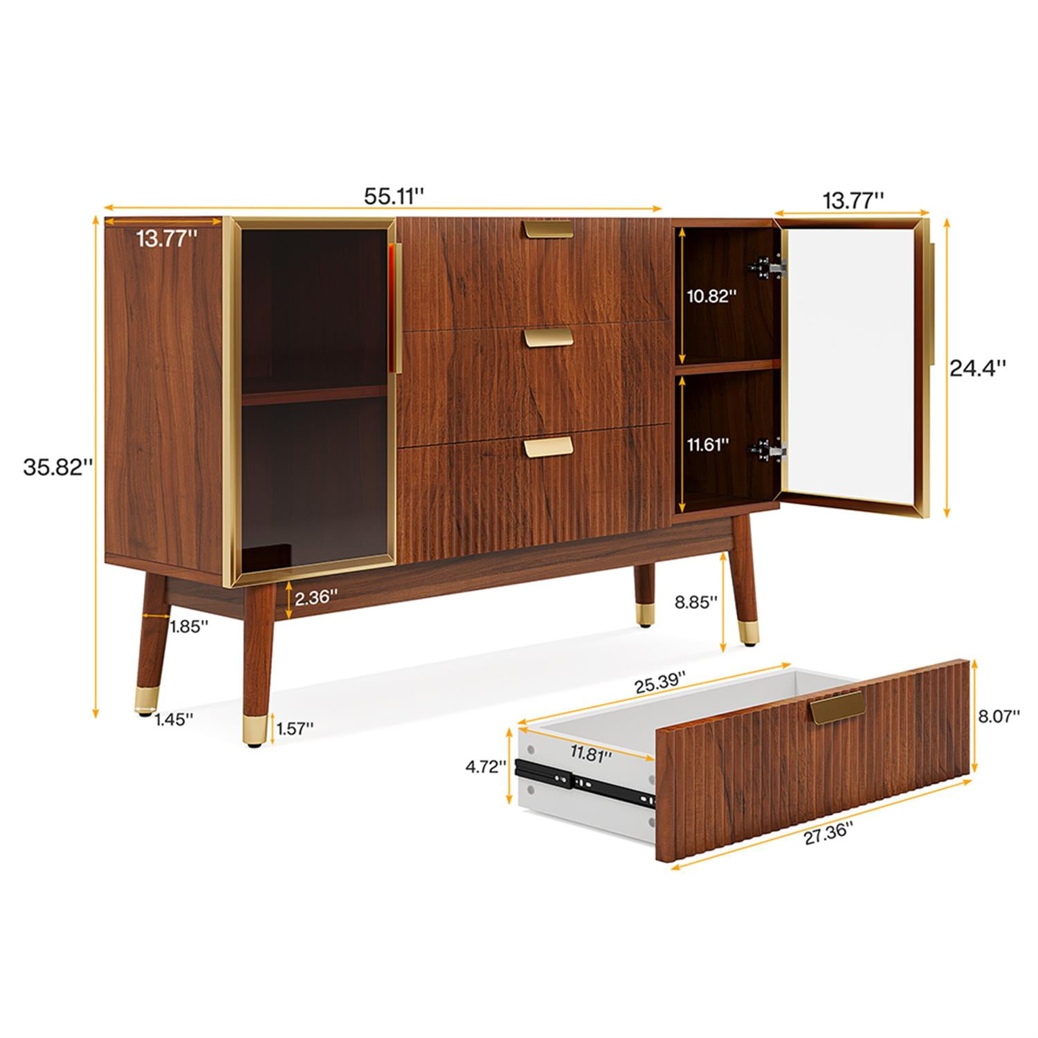 Demi Bonn 55" Sideboard Buffet Storage Cabinet with 3 Drawers, Mid-Century Credenza Accent Cabinet for Kitchen Entryway Living Dining Room, Brown
