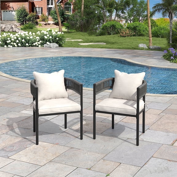 Vicllax Outdoor Patio Chairs Set of 2, Rattan Dining Chairs with Thick Padded Cushions, for Garden & Backyard, Gray Wicker & Wheat Cushion