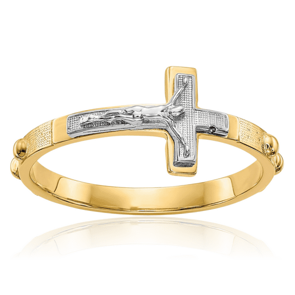 14K Solid Two Tone Gold Lord Jesus Christ Crucifix Holy Cross Rosary Bead Ring Christian Religious Band