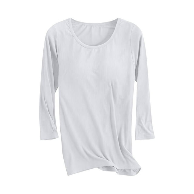 Ltctricy T-Shirts pour Femmes avec Soutien-Gorge Intégré Manches 3/4 Col Rond Côtelé Hauts de Pyjama Tunique Décontractée Ajustée Blouses (Blanc, Grand)