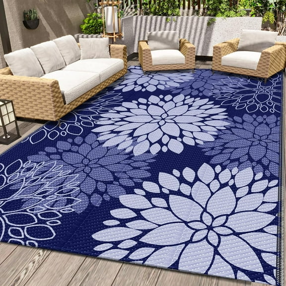 Outdoor Rug Waterproof Outdoor Plastic Straw Rug Reversible Patio Rug Mat Outdoor Decor Large Area Mats for RV, Picnic, Backyard, Deck, Balcony, Porch, Beach, Camping, 5' x 8' Blue