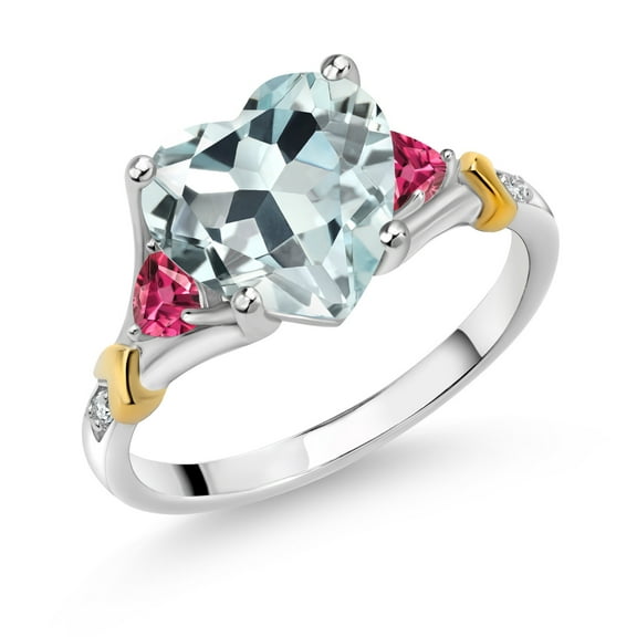 925 Silver and 10K Yellow Gold Sky Blue Simulated Aquamarine and Pink Tourmaline and White Diamond Engagement Ring for Women | 3.34 Cttw | Heart Shape 10MM | Gemstone March Birthstone | Size 7