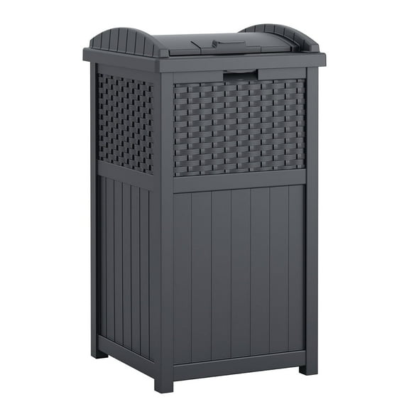 33 Gallon Wicker-Style Hideaway Trash Can with Secure Latching Lid and Weather-Resistant Construction for Patio, Cyberspace Grey
