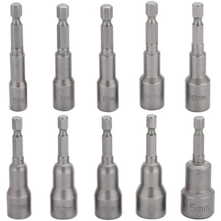 

10 Pcs Hex Socket Set 6-15Mm Magnetic Hex Nut Drill Bit Set 1/4 Inch Vanadium Steel For Quick Change Chuck