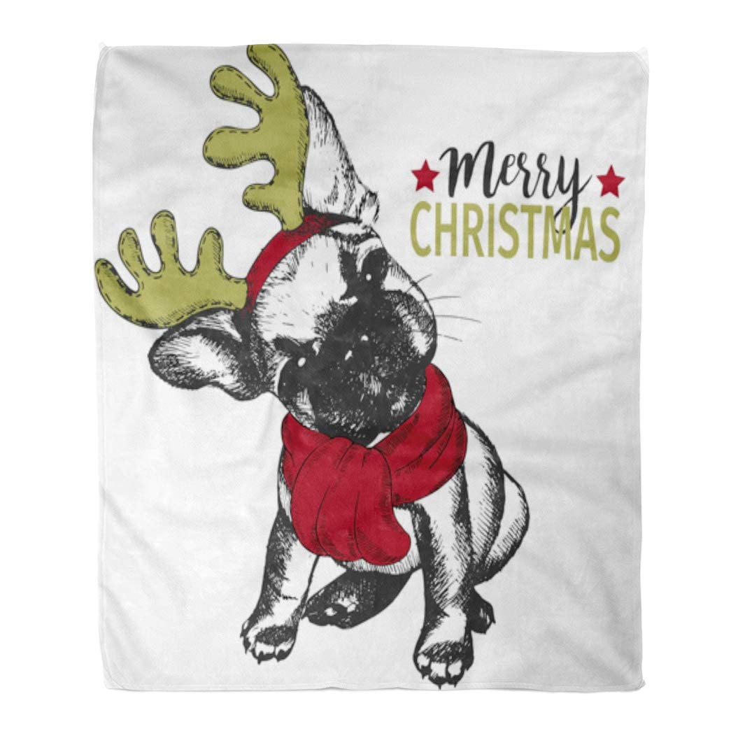 Hatiart Throw Blanket Warm Cozy Print Flannel Portrait Of Christmas Dog French Bulldog Wearing Deer Horn Rim And Scarf Comfortable Soft For Bed Sofa A