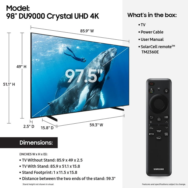 SAMSUNG 98 Inch Flat Screen Class DU9000 Crystal UHD Smart