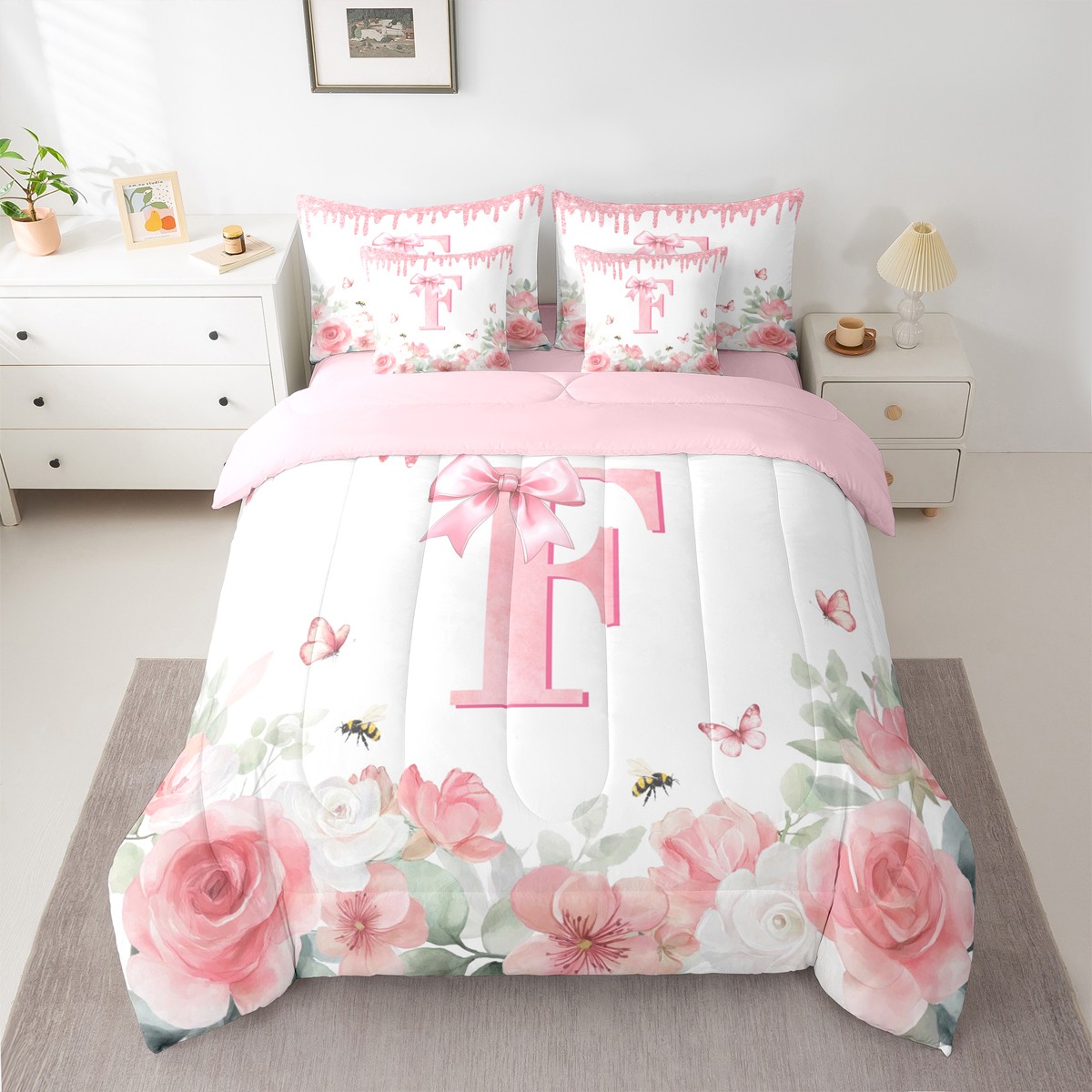 jejeloiu Initial Letter F Twin Bedding Sets 7-Piece,Vintage Rustic Flower Bedding Comforter Set,White Pink Bowtie Sheet Sets For Girls,Breathable Bedroom Decoration Reversible