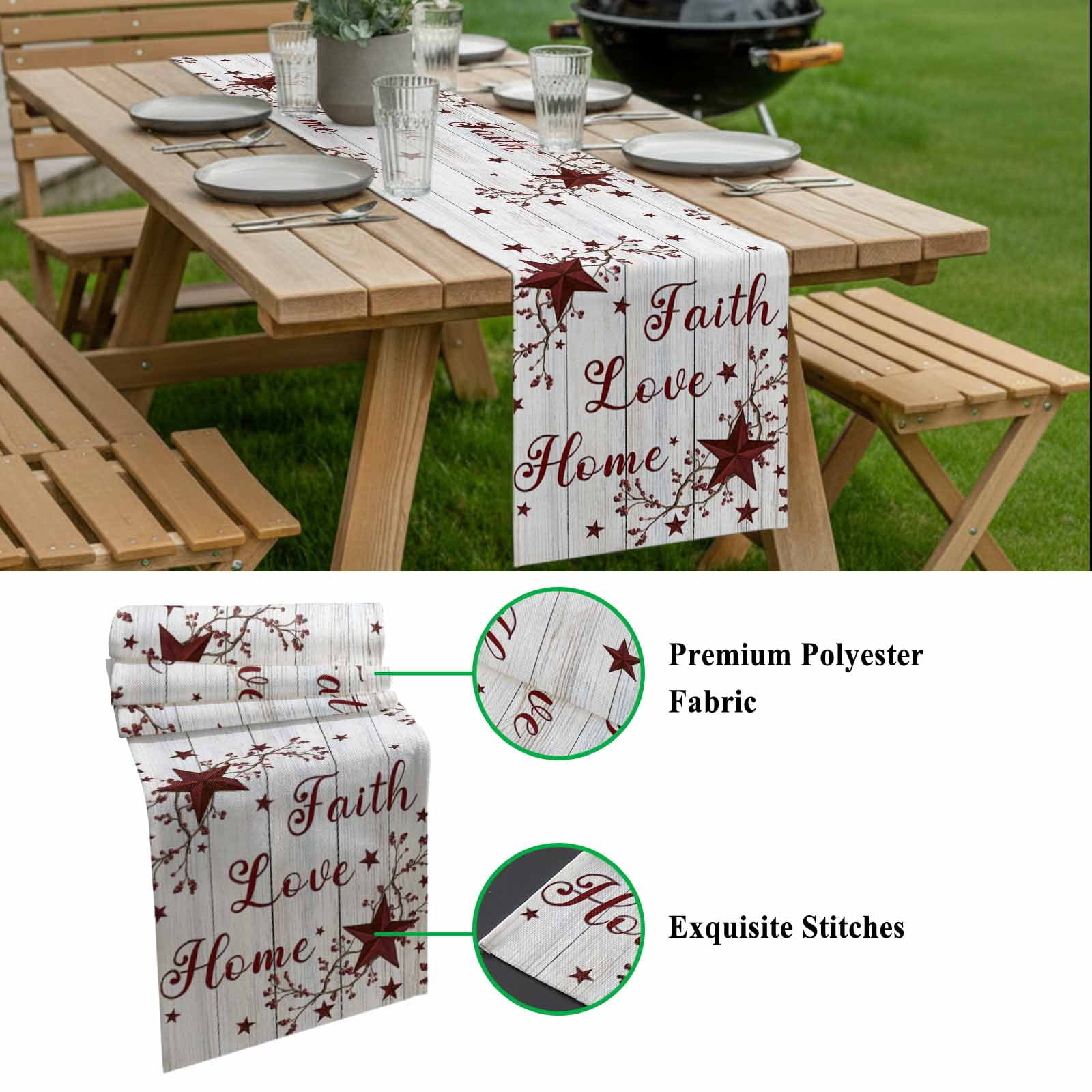 Retro Red Country Stars Table Runner, Faith Love Home Berries White Wood Striped Cotton Linen Kitchen Table Decoration Washable Dining Tabletop Runners for Home Party Decor 18x72 Inches