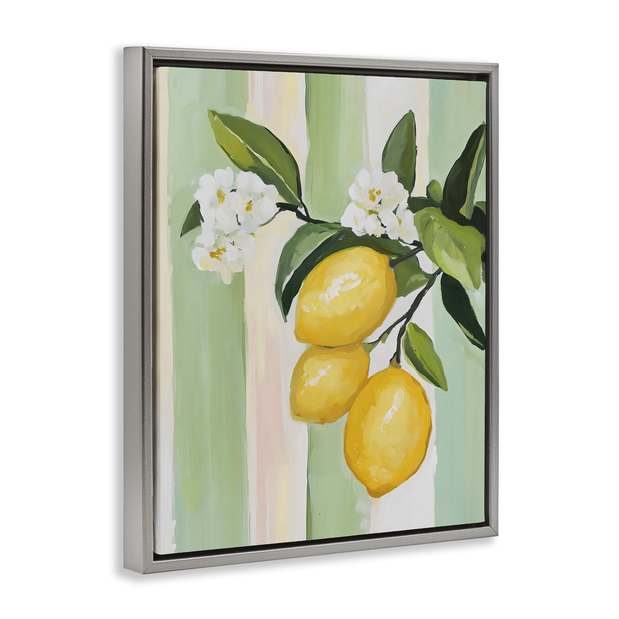 Stupell Industries Lemons & Flowers on Stripes Gray Framed Floater Canvas Wall Art, design by The Prints Vibe