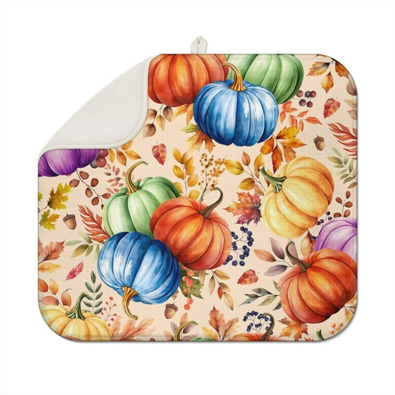 Fall Pumpkin Dish Drying Mat for Kitchen Autumn Maple Leaves Thanksgiving Day Microfiber Drying Mats Absorbent Reversible Dish Pad Medium Dish Draining Mat 16x18 inch
