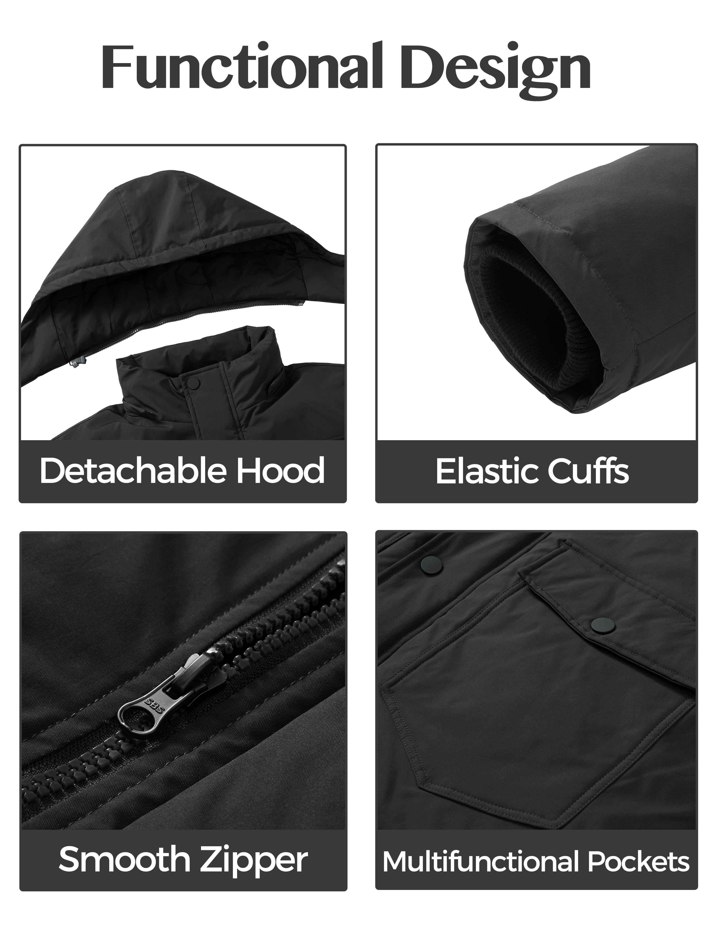 Men's Winter Coat Warm Padded Puffer Jacket Windproof Winter Coat Black L