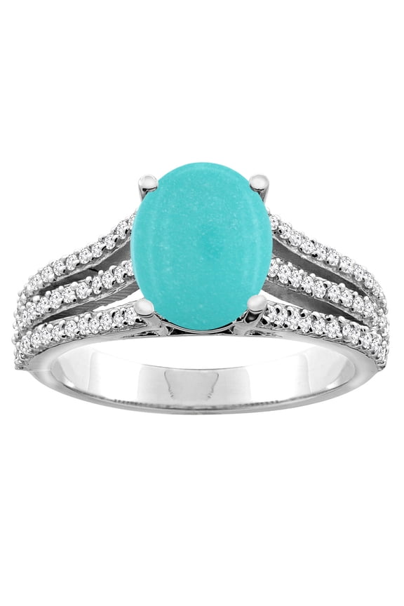 14K White Gold Natural Turquoise Tri-split Ring Oval 9x7mm Diamond Accents, size 7