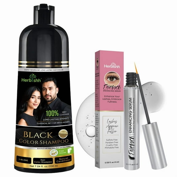 Herbishh Black Shampoo, Hair Dye Shampoo 3 in 1, 100% Grey Coverage, Demi-Permanent Hair Color for Men & Women, With Eyelash Enhancing Serum Combo