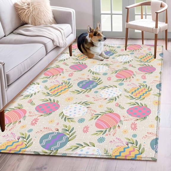 Rectangle Area Rugs 3 x 5 Ft, Easter Bunny Non-Slip Residential Carpet, Colorful Eggs Spring Leaves Daisy Flowers Indoor Crawling Mats Runner Rugs for Living Room/Dining Room/Bedroom