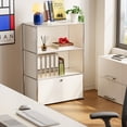 thumbnail image 3 of Cottinch Modern Metal Nightstand Display Cabinet, 3‑Tier Modular Storage Cabinet with 2 Open Shelves, Drop Down Door for Bedroom Living Room, White, 3 of 10
