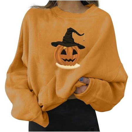 

Halloween Pumpkin Sweatshirts for Women Funny Skull Printed Sweatershirt Plus Size Loose Fit Oversize Lightweight Soft Top Gothic Creawneck Casual Graphic Fall Long Sleeve T Shirt Tops Pullover