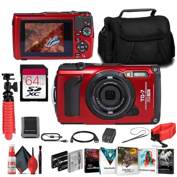 OM SYSTEM Tough TG-7 Red Underwater Camera, 44x Macro Shooting, 12MP, Float Strap, 64GB Card