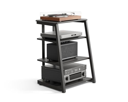 FITUEYES 4-Tier AV Media Stand Corner Shelf for Record Player, Adjustable Wooden Shelves, Black