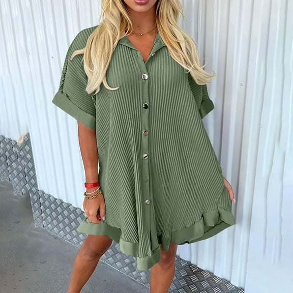 Mingw Wedding Guest Dress Women's Summer Sexy Fashion Solid Color Button Short Sleeve Turndown Collar Dress