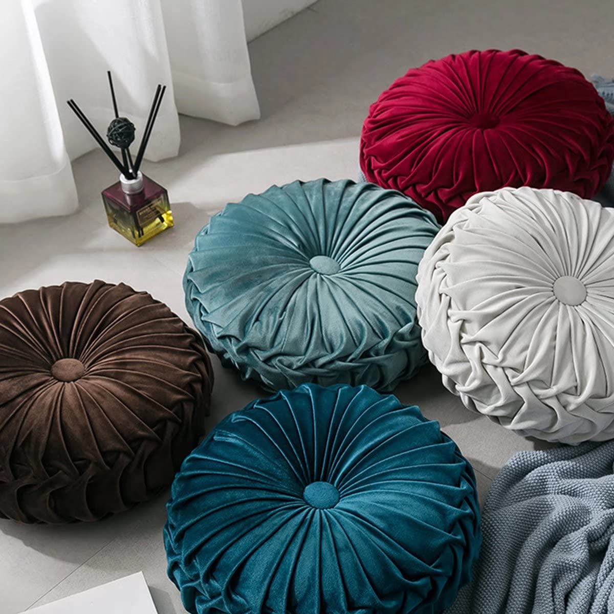 Ejiaya Round Velvet Pillow for Couch Small Handmade Decorative Throw Pillow for Bed Bedroom 13.7