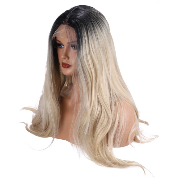 Unique Bargains Lace Front Wigs For Women 20" Black Gold Tone Long Natural Curly with Wig Cap