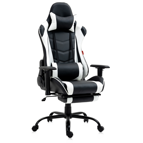 Hdcanada 1996 Series Chaise de Jeu Dossier Haut Ergonomique Accoudoirs 2D et Repose-Pieds avec Dossier Inclinable et Coussin Lombaire de Massage - Blanc