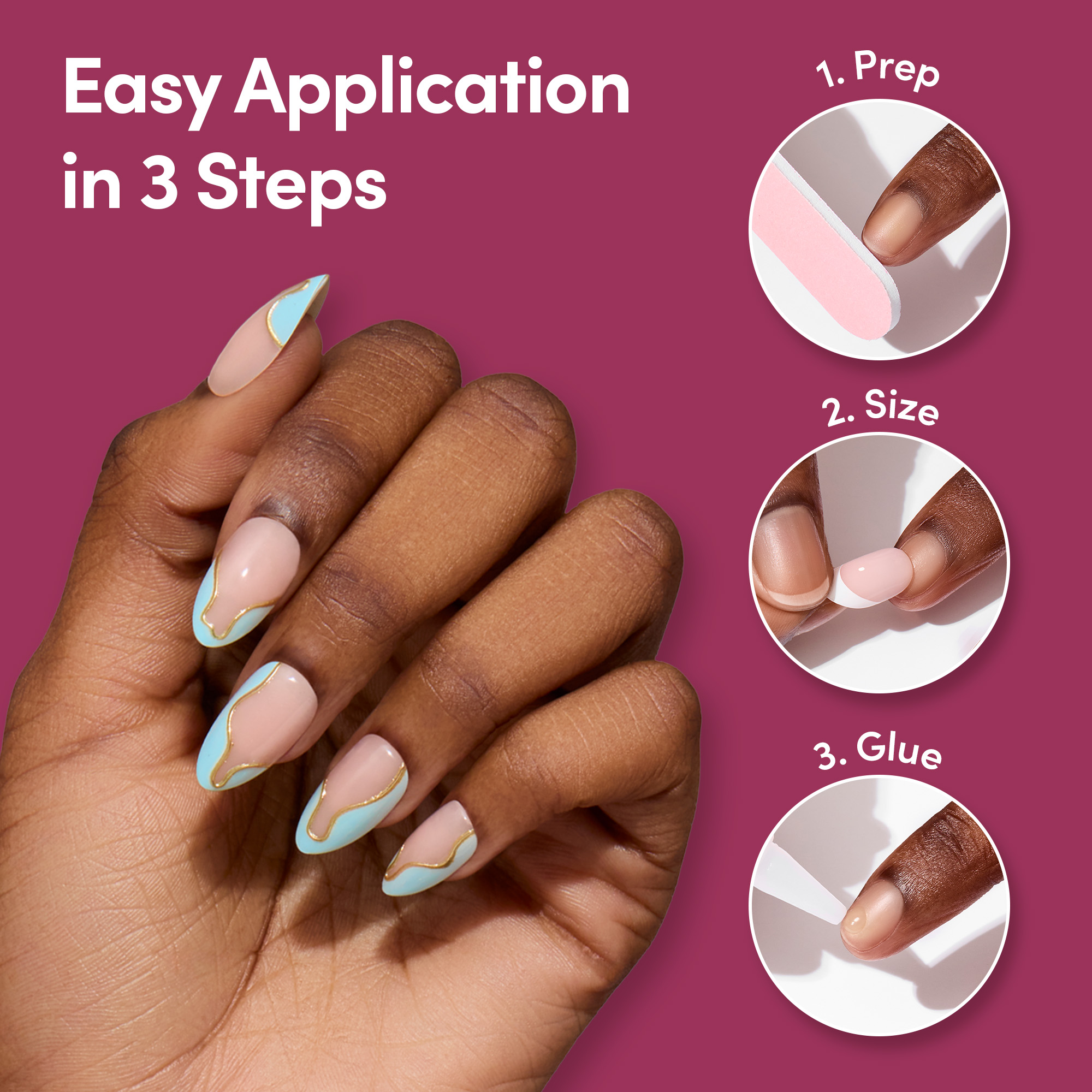 DIGI by Glamnetic Short Almond Artificial Press-on Nails, Blue Me Away, 24 Pieces